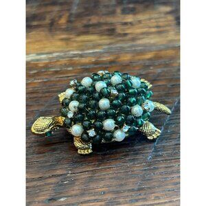 Vintage Turtle Brooch Gold Tone With Faux Pearls & Green Jelly Beads